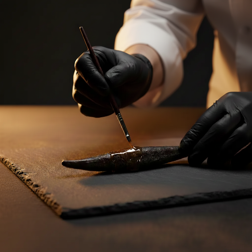 Détail des mains au pinceau peignant la texture d'une feuille en chocolat